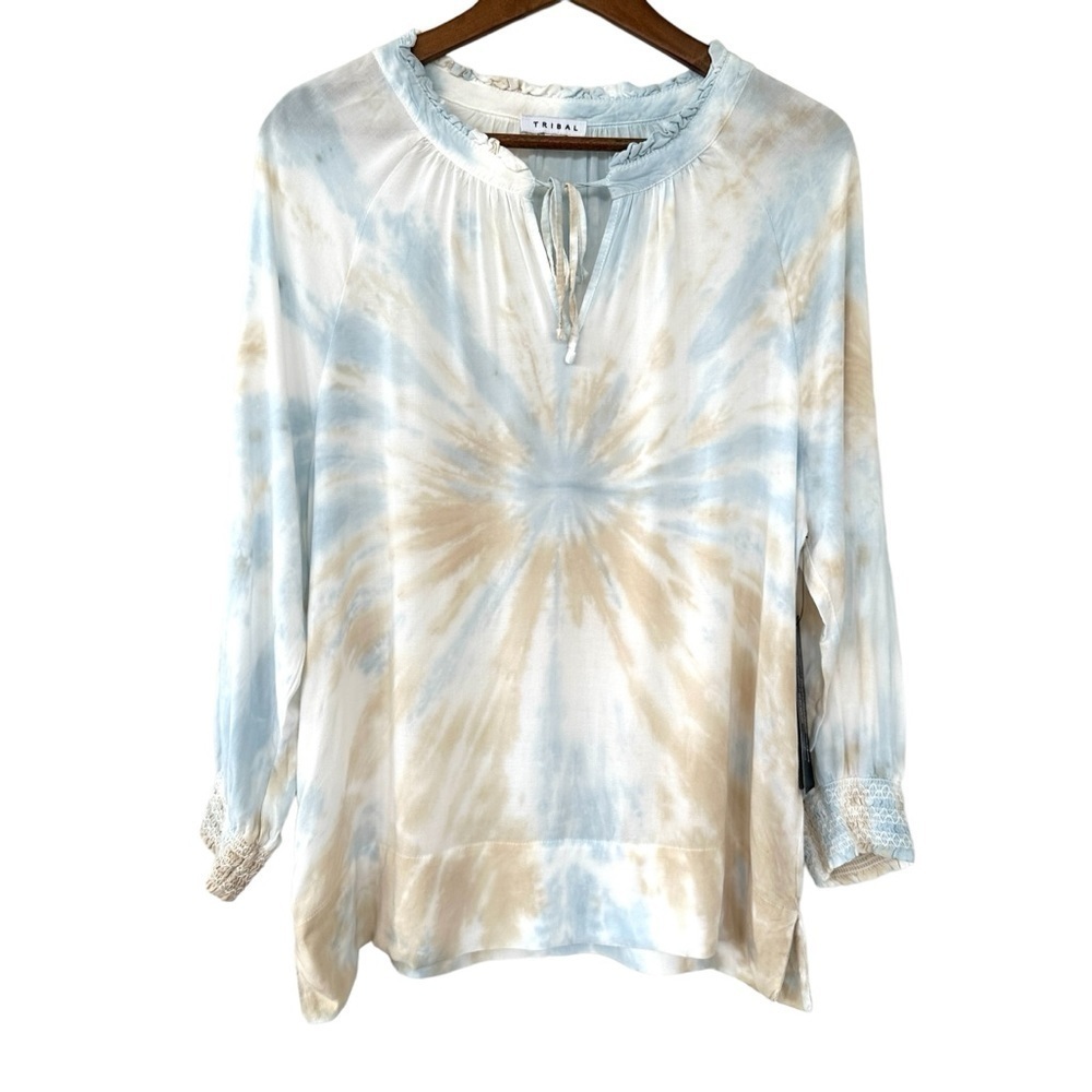 Tribal top with 3/4 length sleeves,  raglan, v-neck with tie, loose fitting